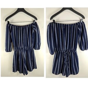 A'gaci Nautical Off the Shoulder Blue White Romper
